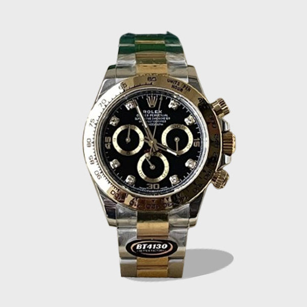 데이토나 크로노그래프 블랙 다이얼 8P다이아 YG 콤비 /BT 116500 /40mm /롤렉스 정품 칼리버 4130 데이토나 크로노그래프와 유사하게 완벽하게 기능하는 크로노그래프와 완벽하게 장식된 로터 및 브리지/플레이트를 갖춘 슈퍼 아시아 클론 4130 슬림 크로노그래프 자동